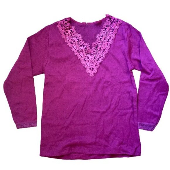 Maroon Lace Trim V-Neck Blouse Top NIP Small, Stretch Knit, Long Sleeves - Picture 2 of 7